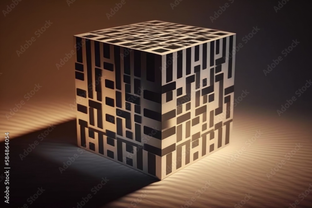 Poster a cube shaped object with a pattern on it's surface deep sea trench op art natural language processi