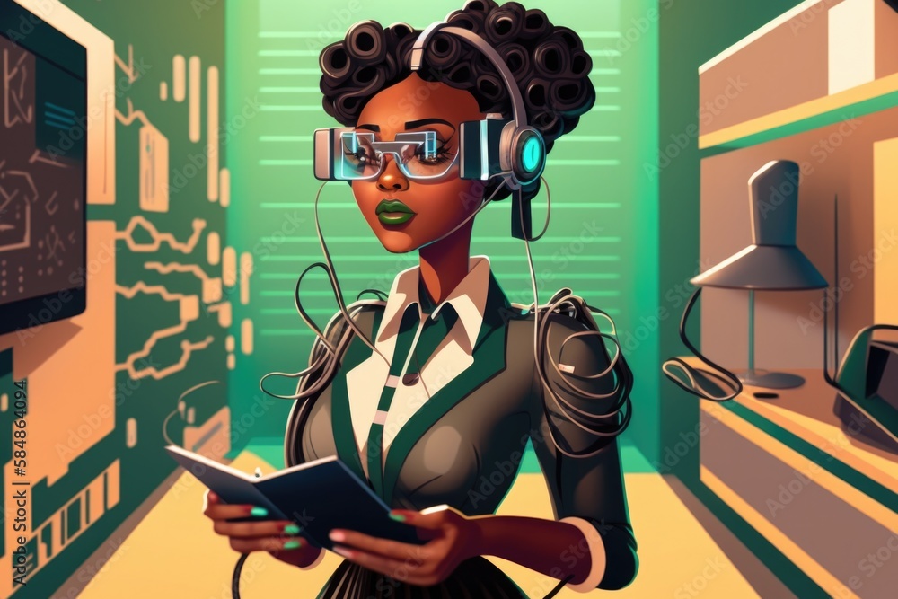 Poster a woman in a room with headphones and a book in her hands library digital art computer programming g