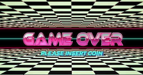 Animation of game over, please insert coin text over black and white square against black background