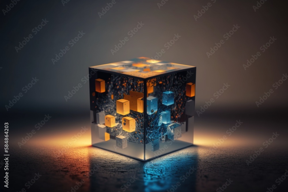 Poster a cube shaped object with lights on it on a table with a dark background deep sea trench cubism bloc