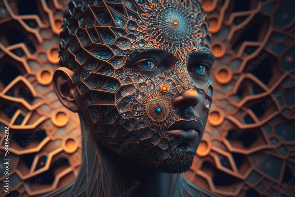 Poster a man with a strange face and intricate patterns on his face zoo photorealism 3d modeling generative