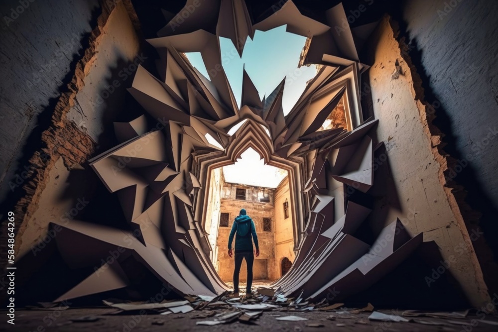 Aufkleber a man standing in a tunnel with a building in the background abandoned building paper cutting set de