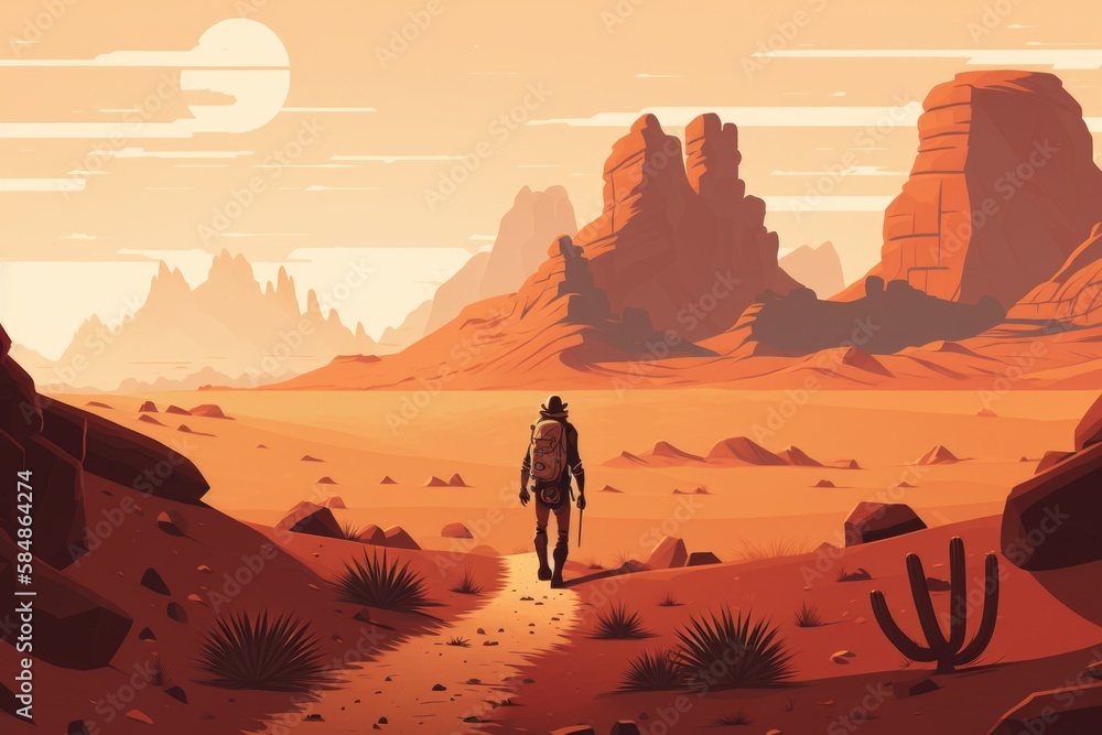 Poster a man walking through a desert with mountains in the background and a desert landscape desert animat