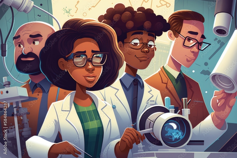 Poster a group of people in lab coats looking at a microscope in a laboratory workshop animation science ed