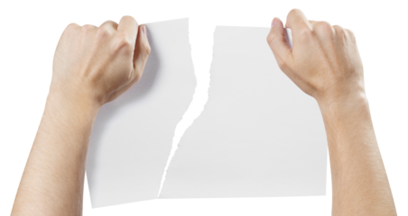 Hands tearing a sheet of white paper in half, cut out