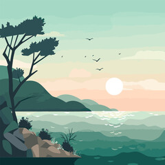 Fototapeta na wymiar Vector illustration with sea landscape in flat style