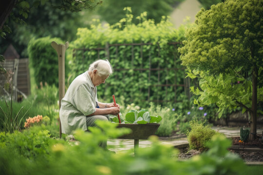 Solitude in the Garden Elderly Person Tending to Plants in a Peaceful Backyard, generative ai
