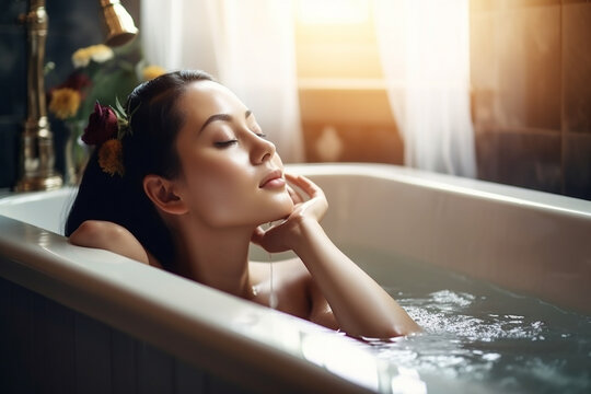 bela mulher tomando banho em spa 