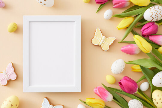 Easter concept. Flat lay photo of vertical photo frame colorful easter eggs yellow pink tulips flowers and butterfly cookie on isolated beige background