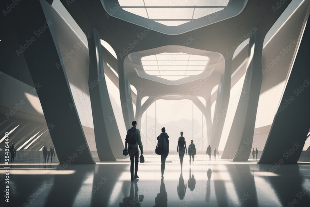 Poster a group of people walking through a large building with a skylight subway station photorealism archi