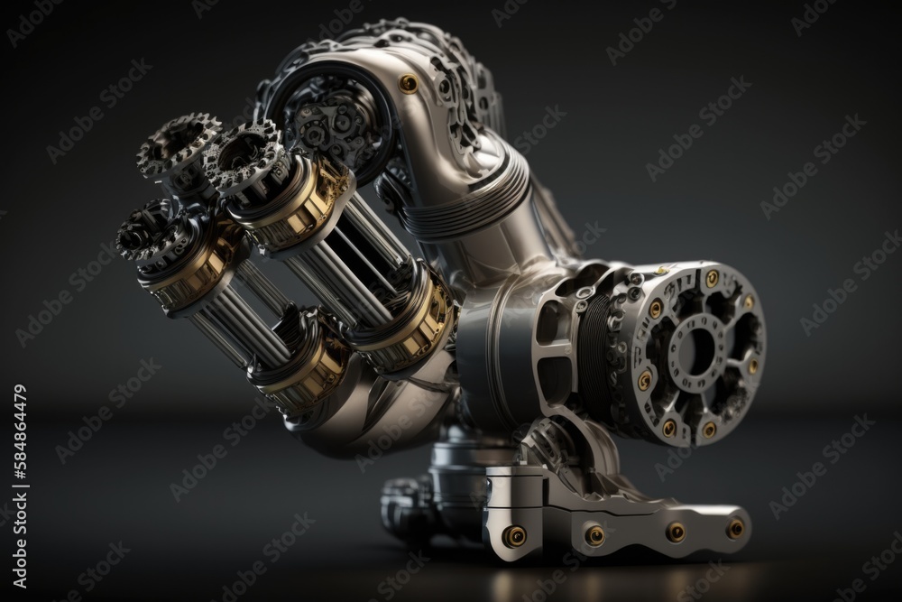 Poster a mechanical arm with gears and a chain on a black background car repair shop kinetic art robotics e