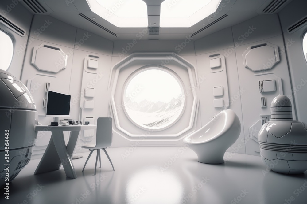 Poster a futuristic office with a round window and a desk with a computer tundra minimalism set design gene