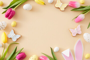 Fototapeta na wymiar Easter concept. Flat lay composition of colorful easter eggs rabbit bunny ears yellow pink tulips and butterfly cookies on isolated pastel beige background with blank space in the middle