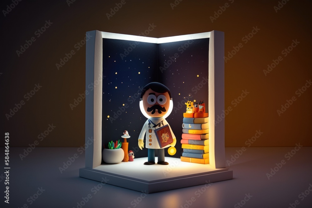 Poster a book with a cartoon character inside of it on a table library paper cutting lighting design genera