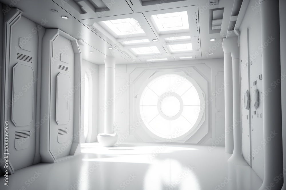 Poster a white room with a round window and a toilet in it conference room minimalism set design generative