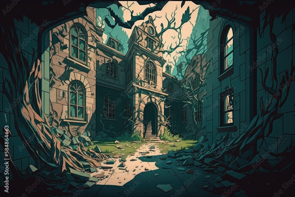 Poster a creepy looking house with a broken window and a broken door abandoned building animation environme