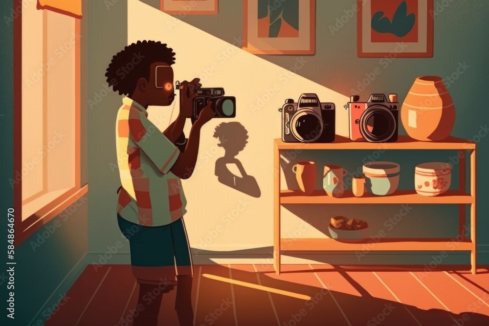 Poster a man taking a picture of a person with a camera in a room zoo stereoscopic photography animation fi