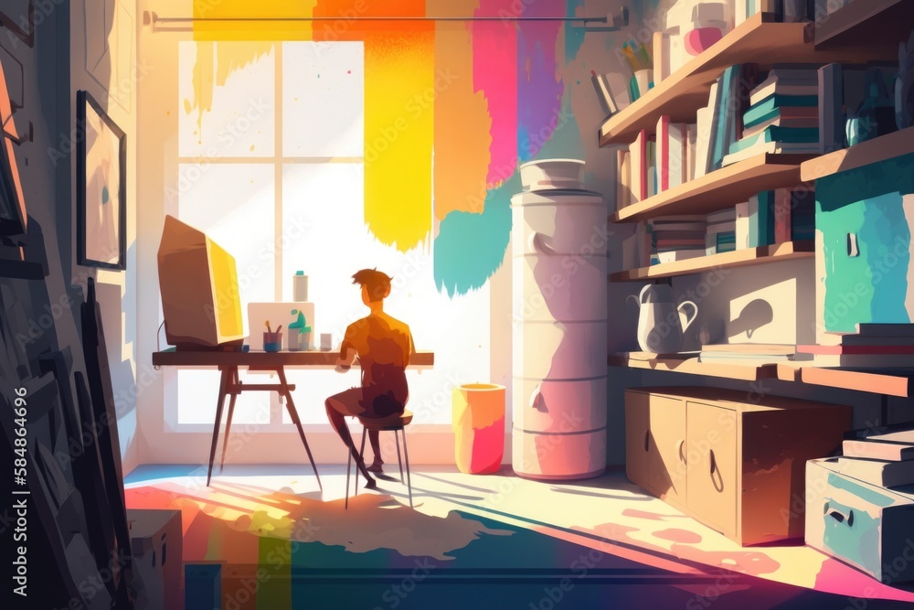 Poster a person sitting at a desk in a room with a rainbow painted wall workshop color field painting compu