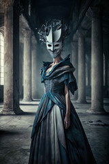 Fototapeta na wymiar Surreal portrait of a woman with a mask and a long dress. Generative Ai