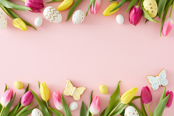 Fototapeta na wymiar Easter celebration idea. Top view photo of colorful easter eggs yellow pink tulips and butterfly cookies on pastel pink background with blank space in the middle