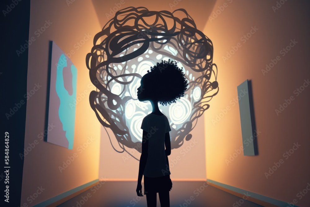 Aufkleber a person standing in a room with a light in the background art museum animation animation filmmaking