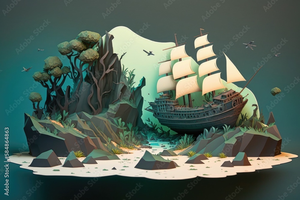 Poster a paper cut of a ship in the ocean with a mountain and trees kelp forest paper cutting motion graphi