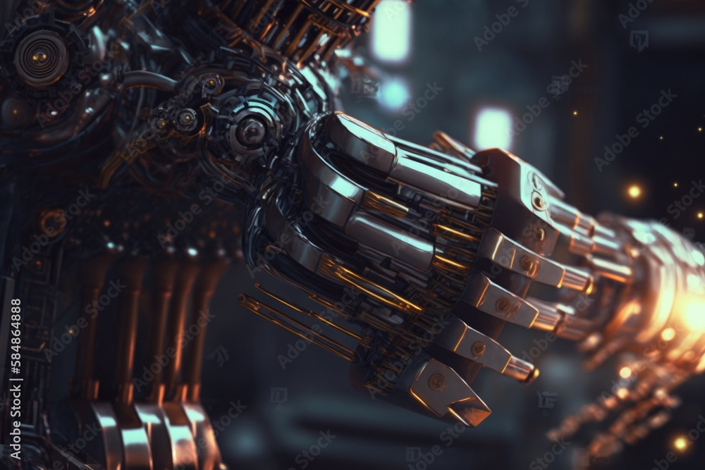 Poster a robot that is holding a light in his hand and a glowing object in the background factory animation