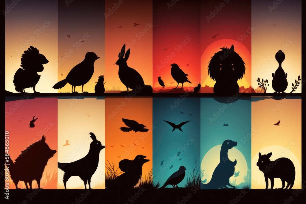 Poster a series of images of animals and birds in different colors of the same background zoo animation wil