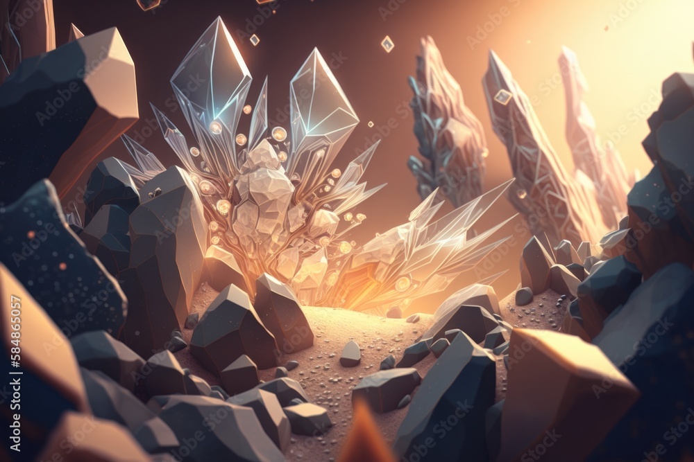 Poster a computer generated image of a rock and ice landscape with a glowing light lunar landscape animatio