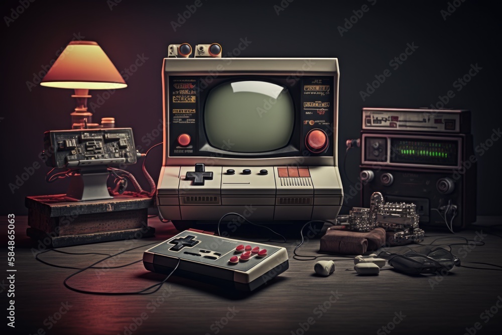 Poster a computer and a game controller on a table with a lamp arcade assemblage gaming generative ai