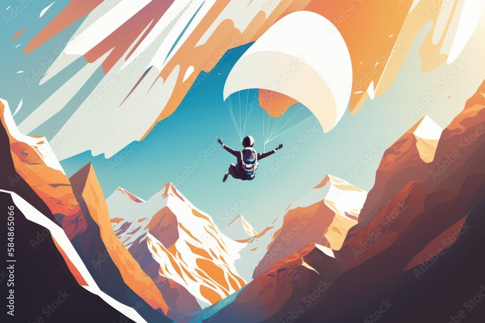 Poster a person is paragliding over a mountain range with mountains in the background alpine ski run graphi