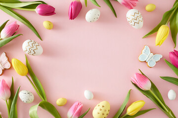 Easter celebration idea. Top view composition of white yellow easter eggs butterfly cookies and tulips flowers on pastel pink background with copyspace in the middle