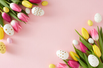Fototapeta na wymiar Easter concept. Flat lay composition of yellow white easter eggs butterfly cookies and tulips flowers on pastel pink background with copyspace in the middle
