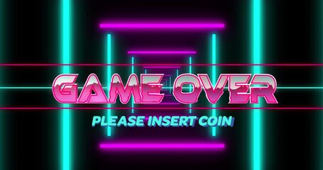 Animation of game over text, please insert coin text over illuminated lopping square tunnel