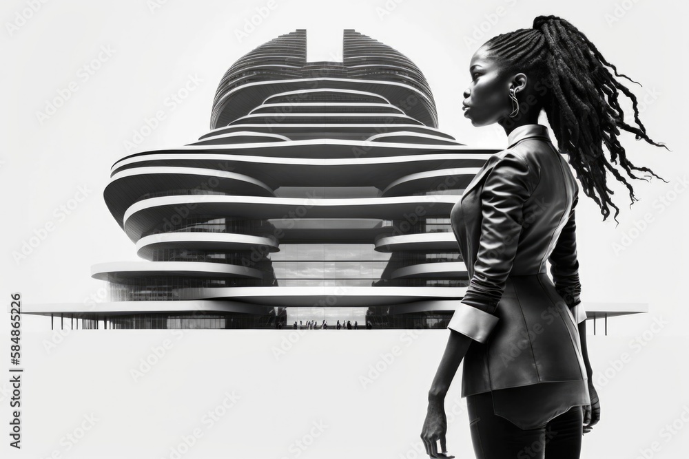Poster a woman standing in front of a building with a futuristic design modern urban skyline constructivism