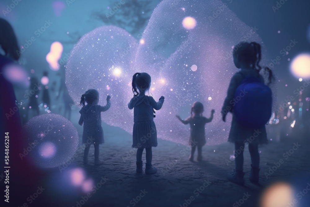 Poster a group of children standing in front of a giant bubble filled with bubbles zoo advertising photogra