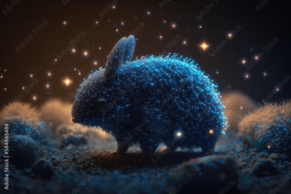 Poster a blue rabbit is standing in the middle of a field of grass lunar landscape video art motion graphic