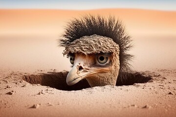 Ostrich with a head in the sand, concept of Denial and Ignorance, created with Generative AI technology - obrazy, fototapety, plakaty