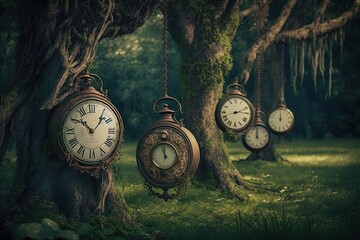 Row of vintage clocks hanging from a tree branch in a meadow, concept of Vintage Timepiece and Nature's Charm, created with Generative AI technology
