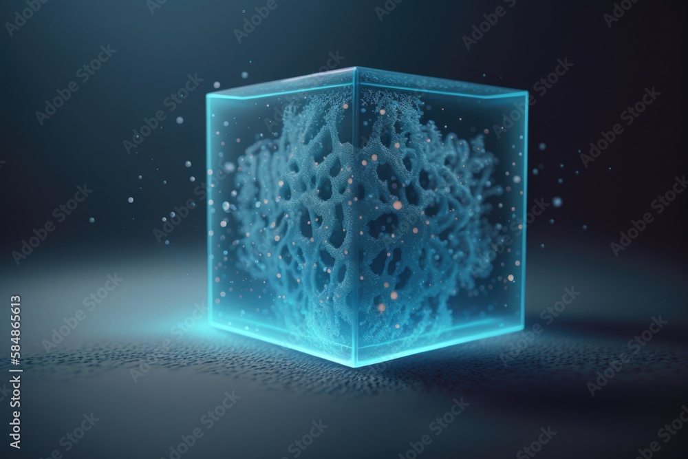 Poster a cube shaped object with a lot of bubbles in it's center deep sea trench underwater photography mot