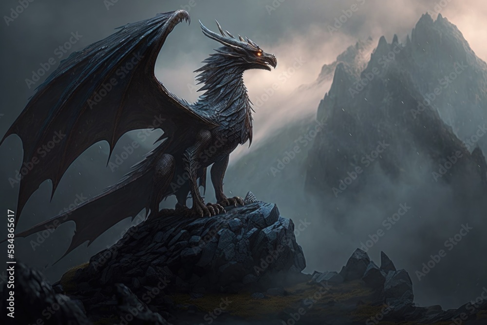 Poster a dragon standing on a rock in front of a mountain range tundra panoramic photography computer graph