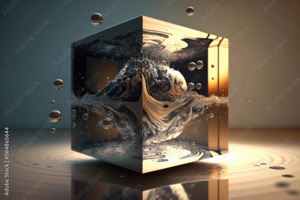 Poster a cube with water and bubbles floating around it on a table aquarium abstract photography computer g