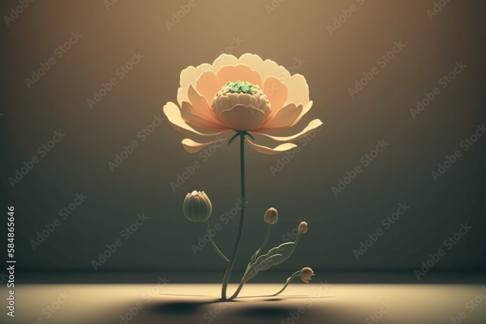 Poster a flower with a green center sitting on a table with a light shining on it oasis animation 3d modeli