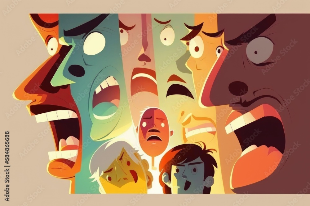 Aufkleber a group of people with faces in different colors and sizes with one person screaming suburban cul-de