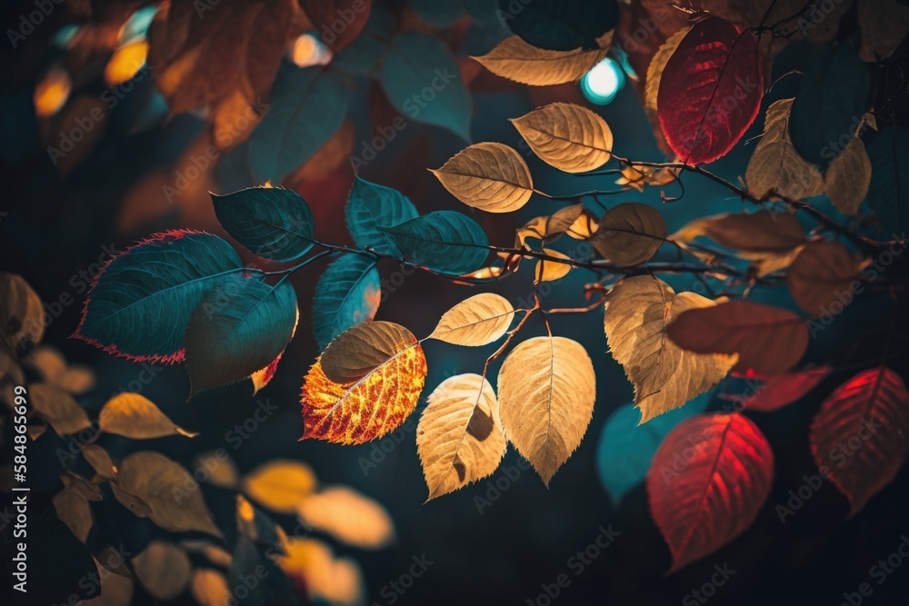 Poster A Tree Branch With Leaves And A Light In The Background With A Blurry Image Of A Tree Autumn Forest Color Photography Color Photography Generative AI 