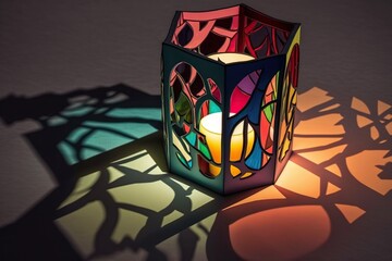 Stained glass candle holder with a lit candle casting colorful shadows on the surrounding walls, concept of Light and Shadow and Glass Art, created with Generative AI technology