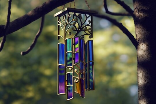Stained glass wind chime hanging from a tree with the wind gently blowing and creating patterns of light and sound, concept of Kinetic art and light patterns, created with Generative AI technology
