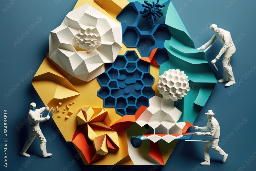 Poster a group of people working on a paper sculpture of a hexagonal structure lunar landscape paper cuttin