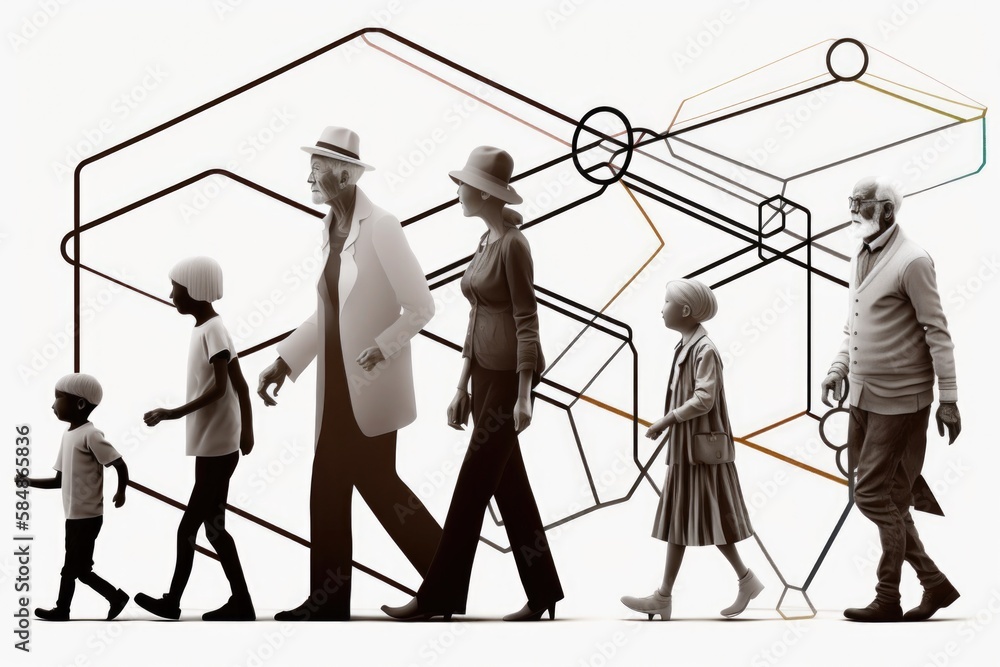 Poster a group of people walking next to each other in front of a geometric structure art deco building con