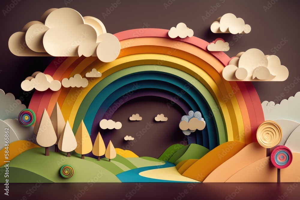 Poster a paper cut of a rainbow and trees with clouds and a stream rolling green hills paper cutting set de